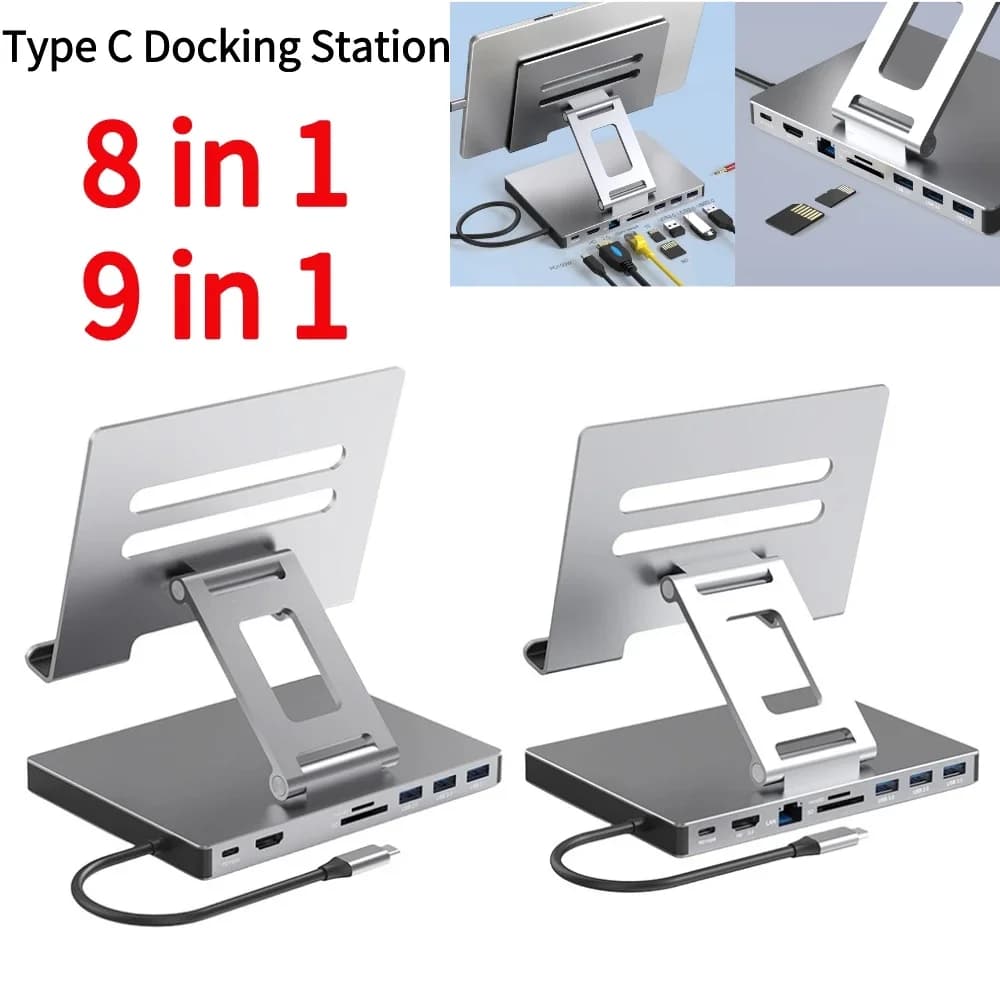 Docking Station per Laptop in Lega di Alluminio con Supporto, Hub Multiporta USB 3.0, USB-C, Slot SD/TF e Gigabit Ethernet