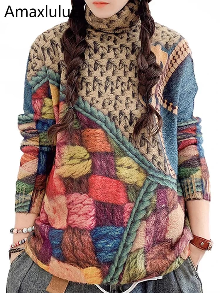 Amax luluE Maglioni lavorati a maglia con collo alto stampato moda donna primavera Maglioni casual per il tempo libero da donna Pullover caldi eleganti classici