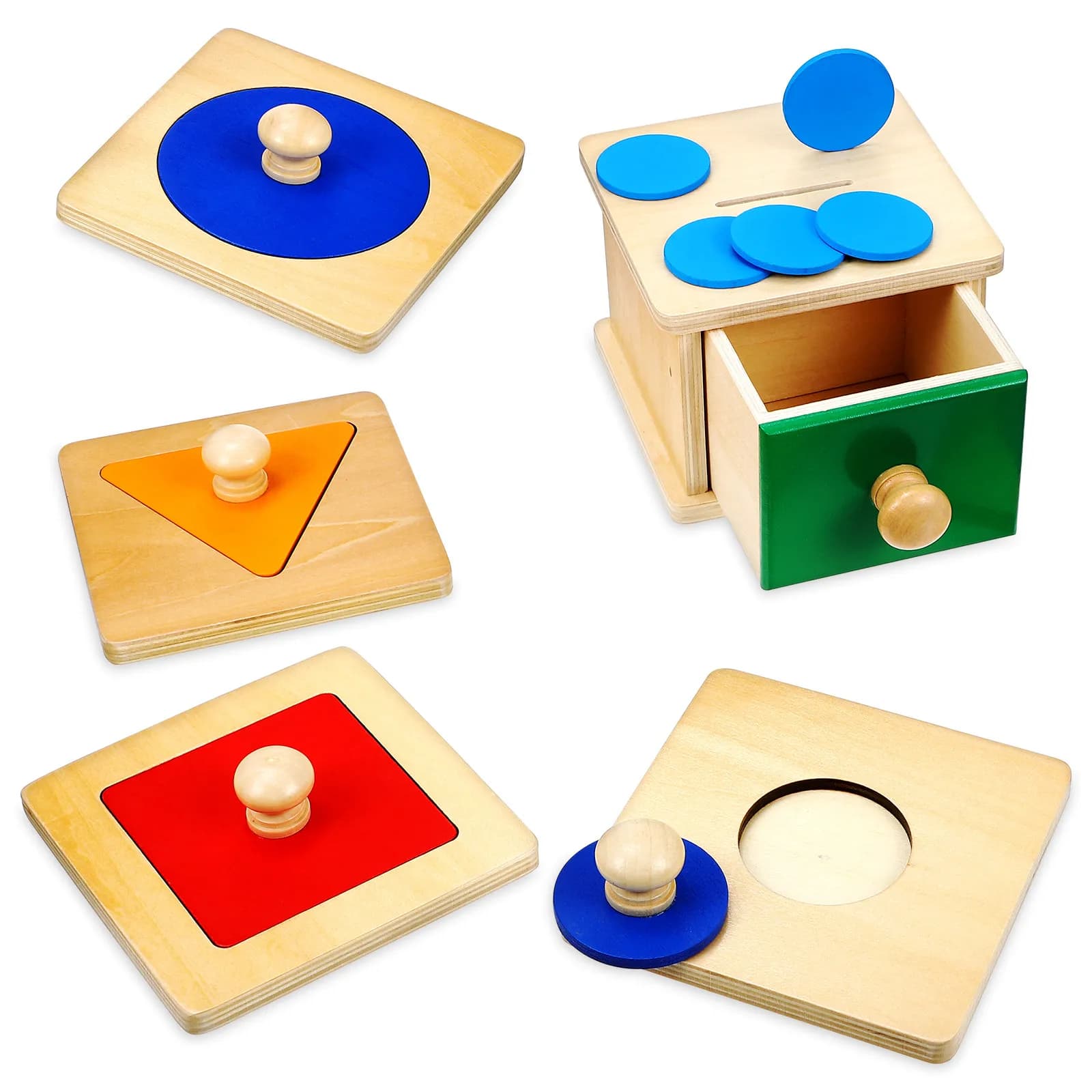 2 set di puzzle geometrici in legno, scatola per monete per bambini, blocchi di ordinamento Montessori, giocattoli educativi in legno per neonati