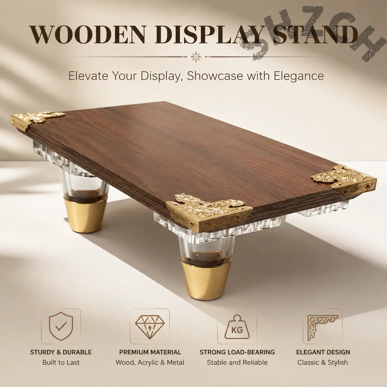Wooden Desktop Monitor Stand with Acrylic Cone Legs and Brass Accents – Ergonomic Height Adjustment for iMac and Flat Panel Dis
