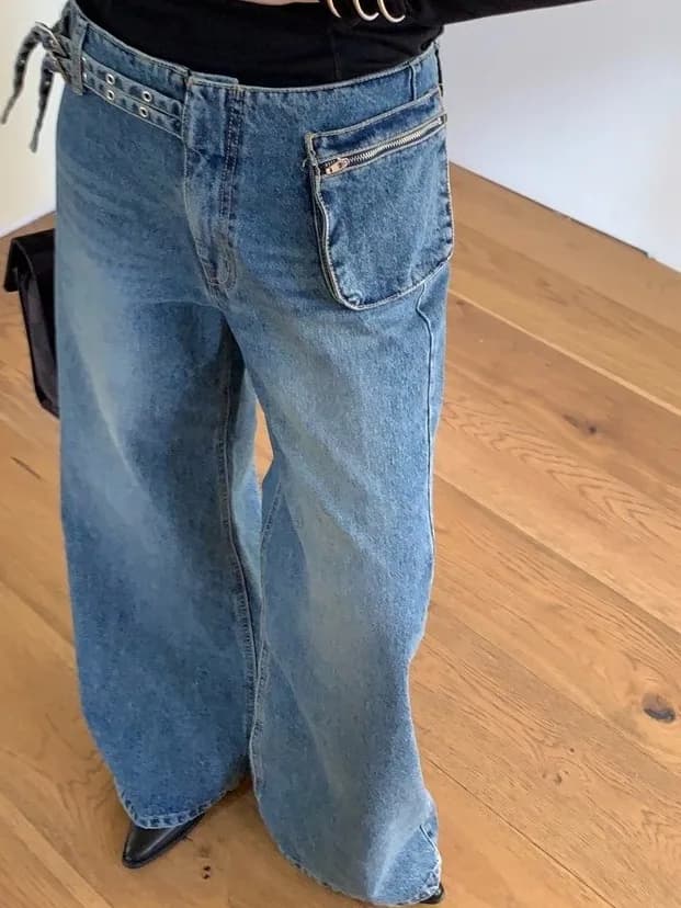 Jeans Casual Comodi a Gamba Dritta e Larga da Donna, alla Moda con Borsa Laterale in Vita e Cintura, Nuovi Arrivi Dongda Gate, Pantaloni in Denim