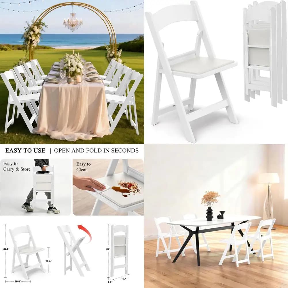 White Outdoor Patio Chair Set of 4 for Events and Weddings, Lightweight with Cushioned Seats, Waterproof, Double Braced, Non-Sli