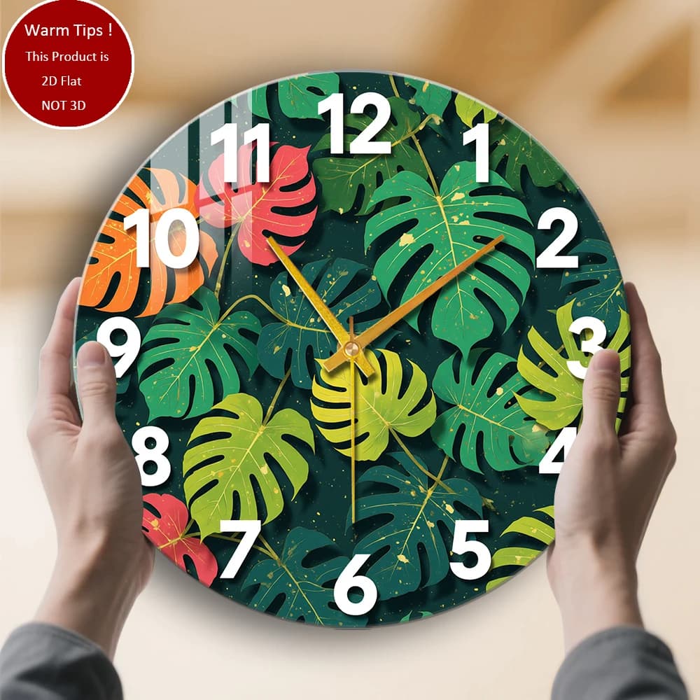 Tempered Glass Wall Clock with tropical leaf pattern suitable for home or table room wall decoration anywhere
