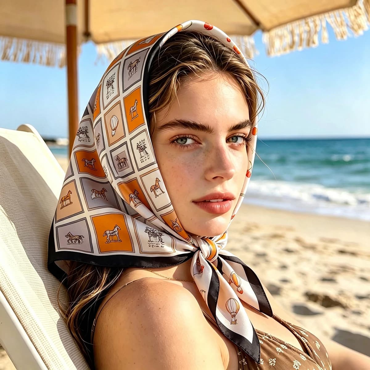 Luxury Horse Print Square Scarf Soft Satin Imitation Silk Scarves For Women Bandanas Hijab Neckerchief Elegant Shawl Wraps
