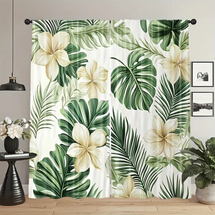 2PCS Digital Printed Curtains, Light Summer Green Plant Pattern, Fresh Botanical Style for Living Room Bedroom Home Decor