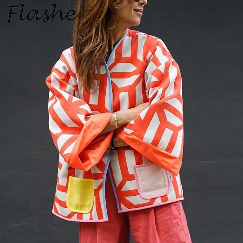 Cappotto da donna autunno Winer Giacche casual con stampa geometrica per capispalla a maniche lunghe moda donna