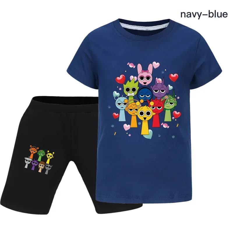 wiwiwi 123Sprunki Bambini Nero T-shirt a maniche corte Pantaloni Anime Compleanno Sprunki Stampa Pullover Cartoon Estate Casual Cotone