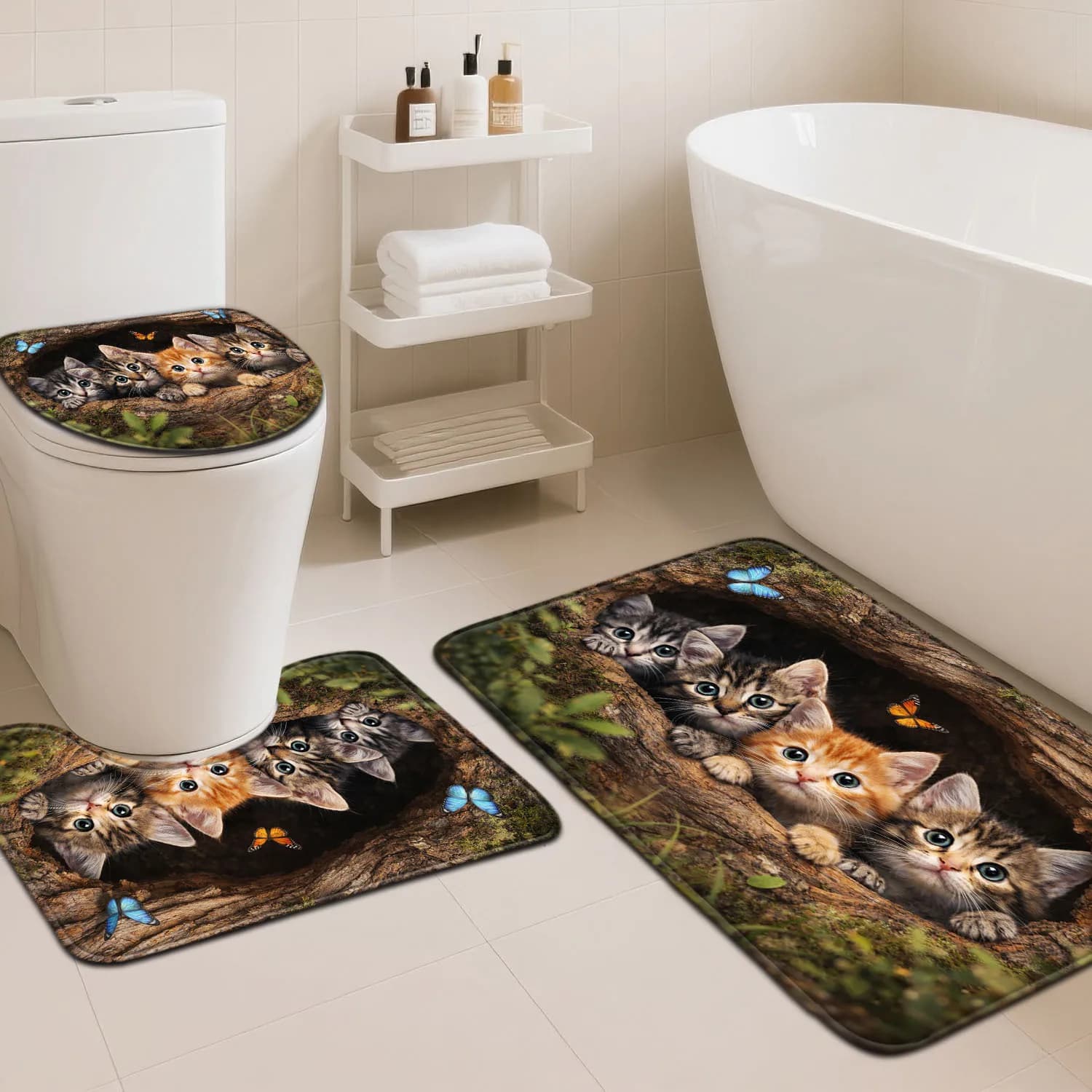Set di Tappetini da Bagno con Gattini Carini, Tappeto per WC, Accessorio Decorativo per Casa degli Amanti degli Animali
