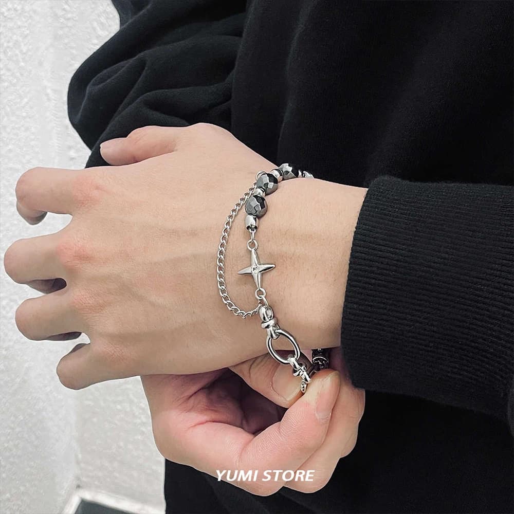 Fashion Star Cross Bracelet For Man Woman Titanium Steel Non Fading Spliced Beaded Bracelet Hip Hop Jewelry Kpop Gift