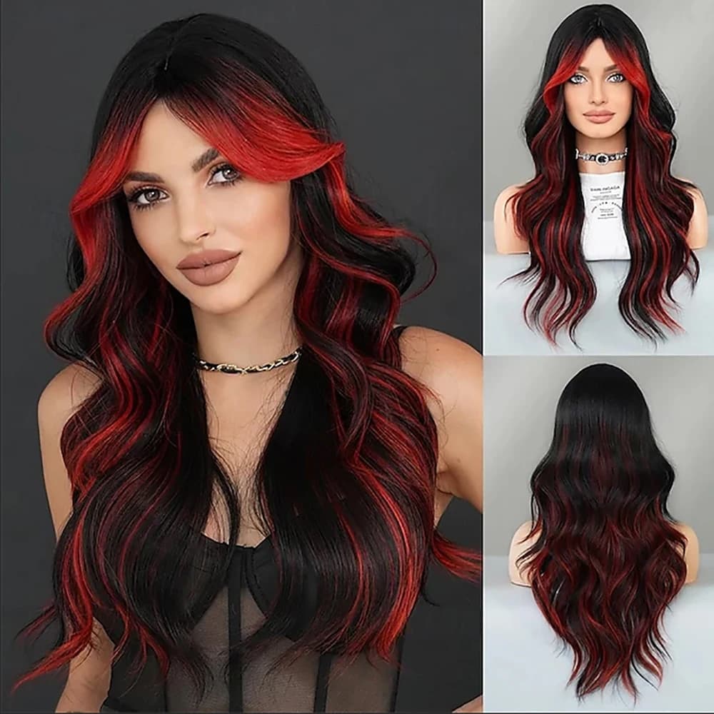 Capelli sintetici Nero Rosso Evidenzia Parrucca ondulata lunga con frangia per tende Parrucca sintetica Ombre rossa nera da 26 pollici resistente al calore
