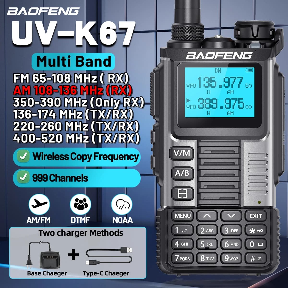 Baofeng UV-K67 Walkie Talkie Frequenza di copia wireless multibanda 999CH Tipo-C DTMF NOAA UV-5R UV-K61 UV-K5 (99) Radioamatore bidirezionale
