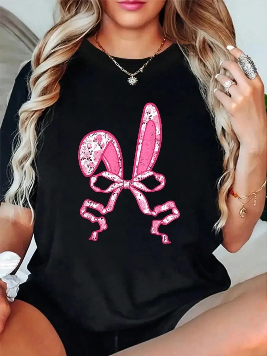 100_ Cotton Groovy Cute Bow With Bunny Ears Happy Easter Day Girls Kids T-Shirt Men s Women s Soft Breathable Tee Classic Fashion Summer Tops Pri