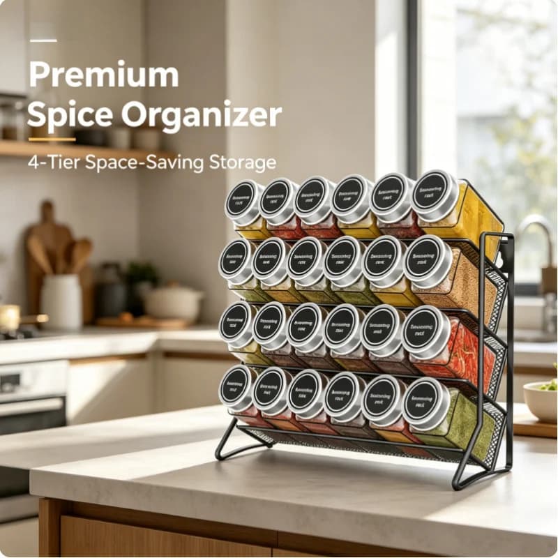 Organizzatore per Spezie a 4 Ripiani in Acciaio al Carbonio, Scaffale Antiscivolo per Dispensa e Cucina, Ripiano Multifunzionale per Casa