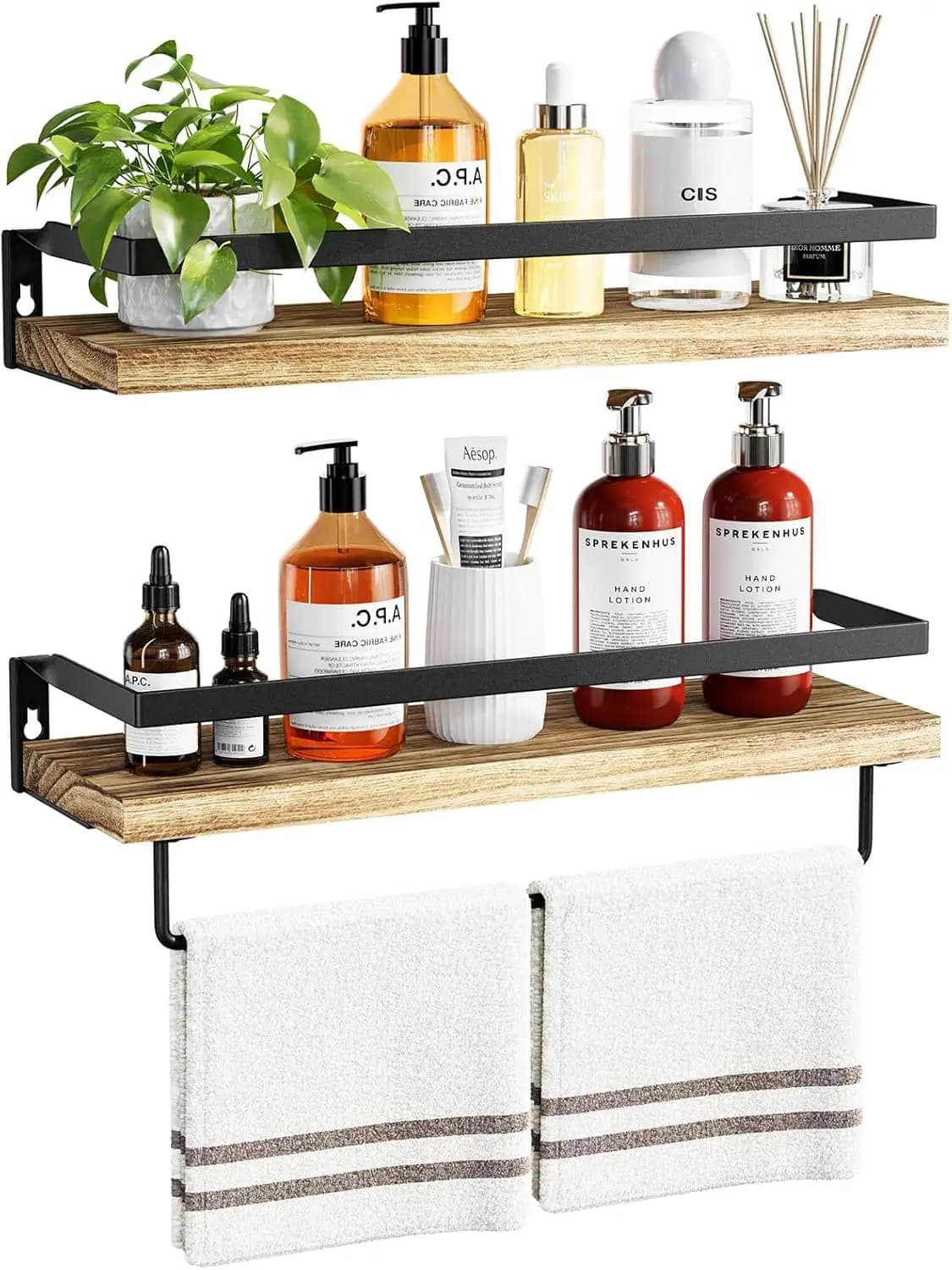 Mensole Galleggianti con Portasciugamani, Set di 2 per Bagno, Soggiorno, Cucina, Camera da Letto in Marrone Chiaro