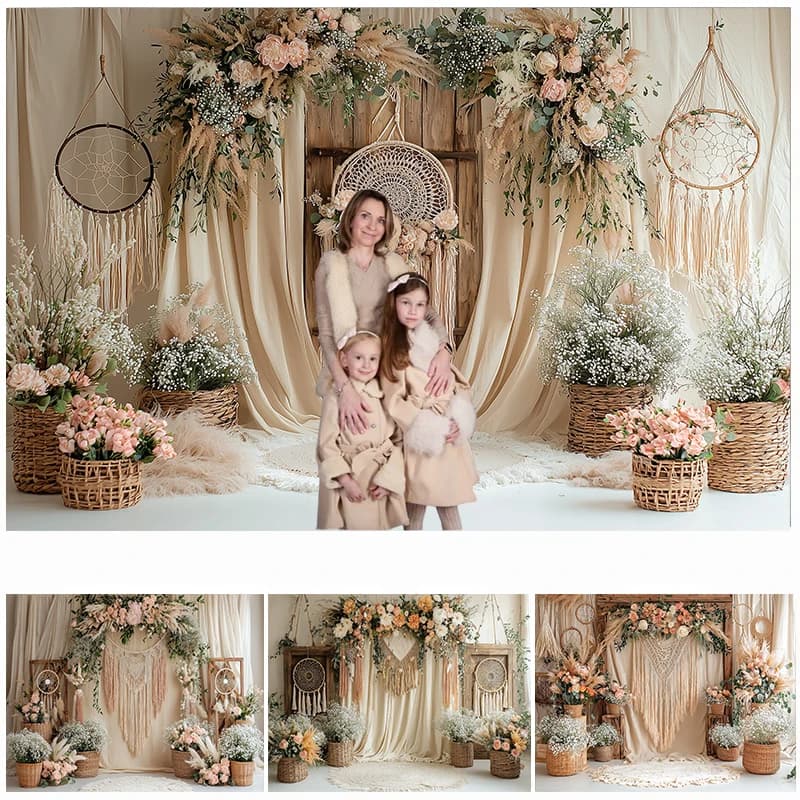 LS Photography Background Bohemia Dreamcatcher Wooden Wall Pampas Grass Birthday Party Portrait Decor Photo Backdrop Studio