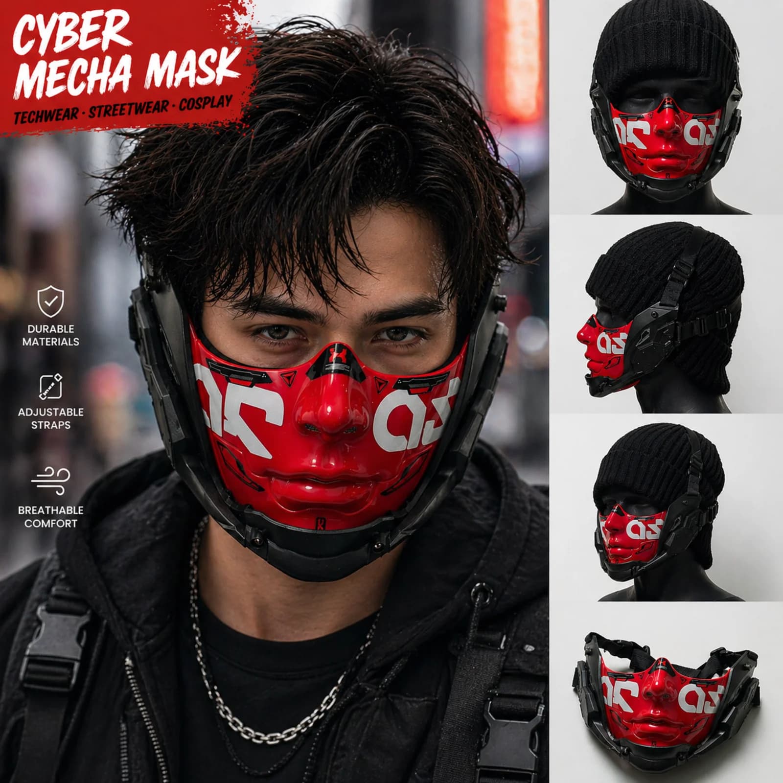 Maschera Cyberpunk Mecha Style per Halloween, Cosplay, con Cinghie Regolabili, Traspirante, Comoda, Tattica, Streetwear, Moto
