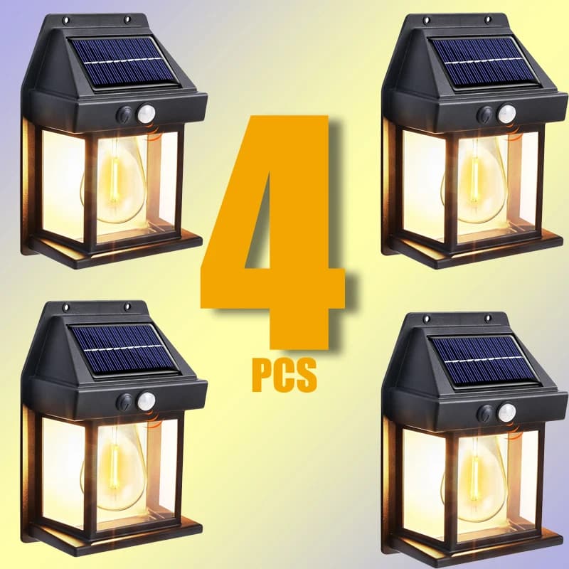 Lampada da Parete Solare Impermeabile per Esterni con Sensore di Movimento, Filamento al Tungsteno, Decorazione per Giardino, Lampada LED 3 Modalità 1-4 Pezzi