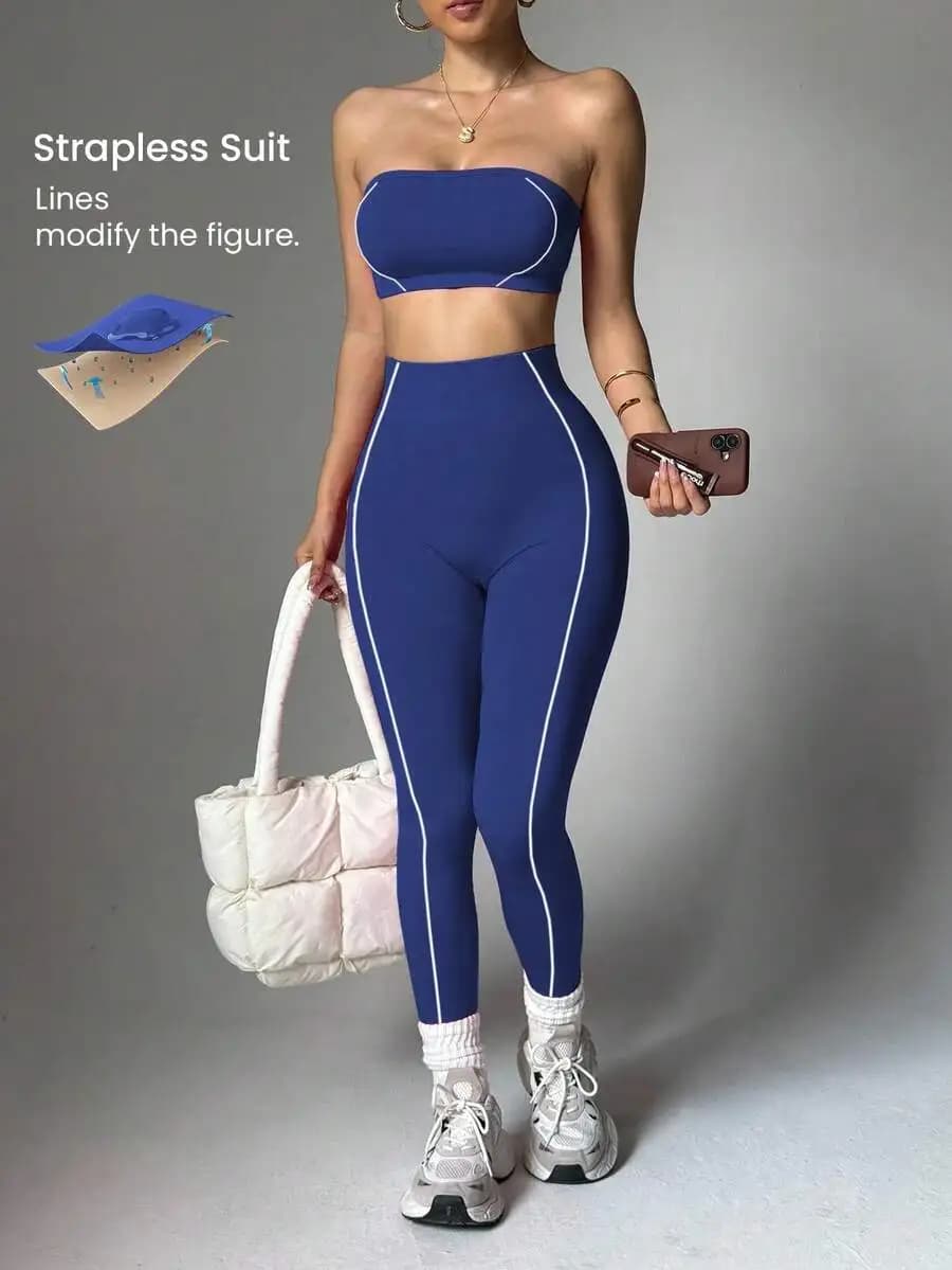 Set sportivo a due pezzi con reggiseno sportivo a righe senza cuciture e leggings da donna