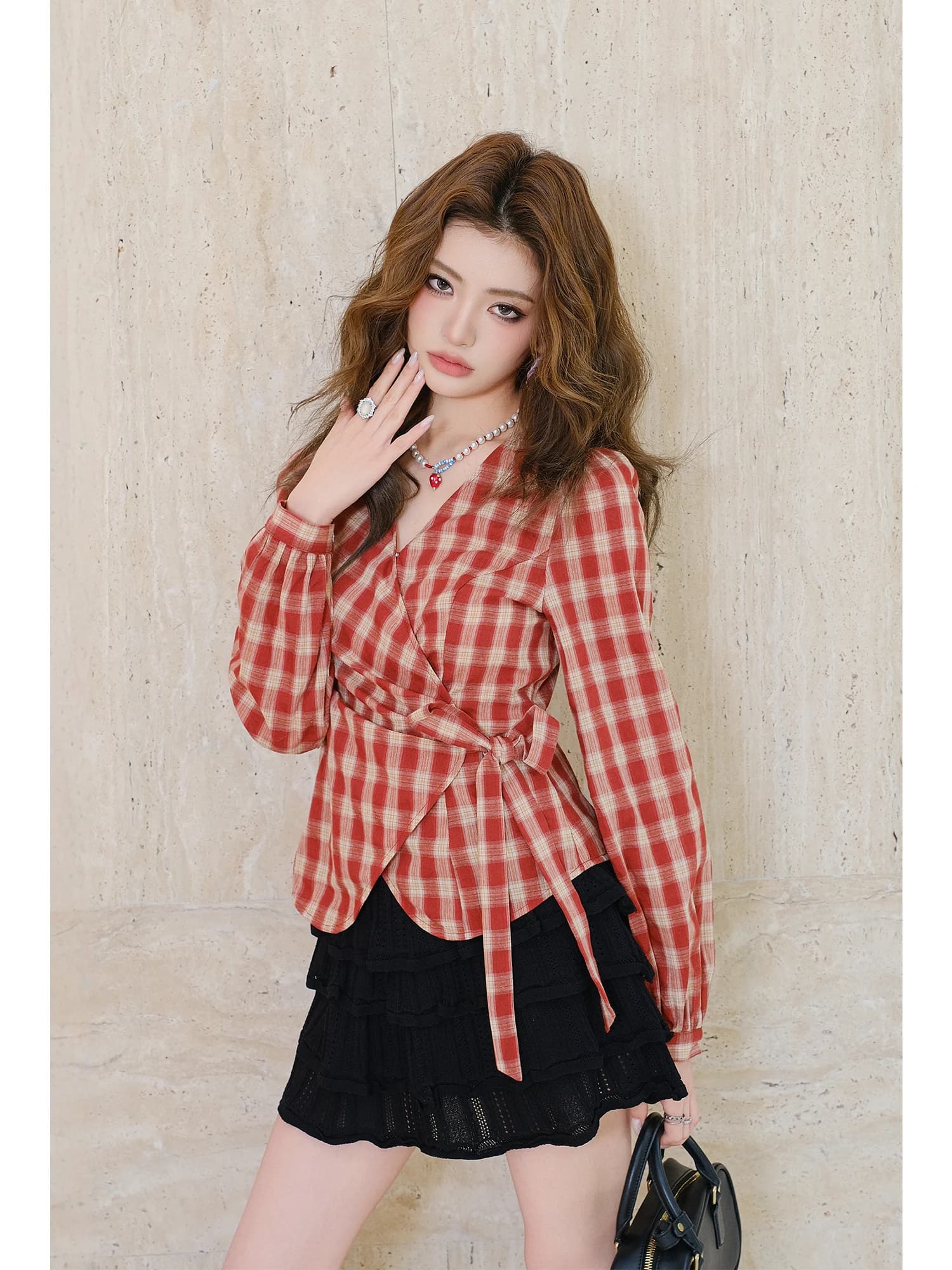 MIUCO Premium Red Plaid Shirt Women's Crossed V-neck Waist-cinched Belted Elegant Long Sleeve Top Skin-friendly Breathable