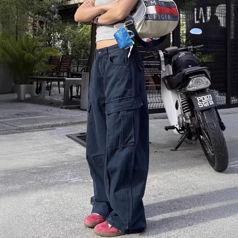 Men Women Dark Blue Cargo Jeans Wide Leg Baggy Denim Pants Unisex Multi-Pocket Streetwear Y2K High Waist Trousers Workwear