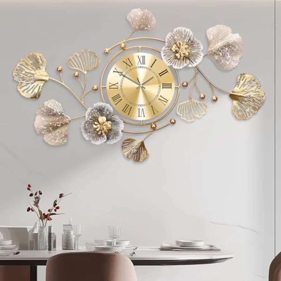 33" Modern Farmhouse Large Decorative Wall Clock, Gkgo Metal Art 33""accent with silent movement, rotatg dial, mountg kit; for