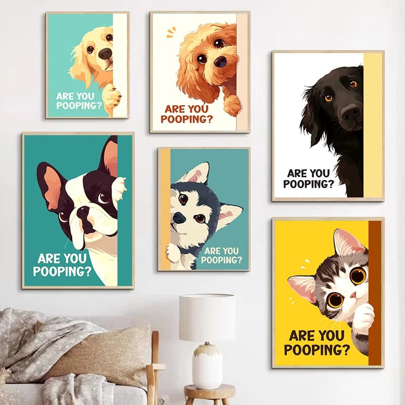 Are You Pooping Poster Divertente cartello da bagno Stampe su tela Simpatico cane Gatto Capibara Pittura artistica Immagini da parete per la decorazione della toilette