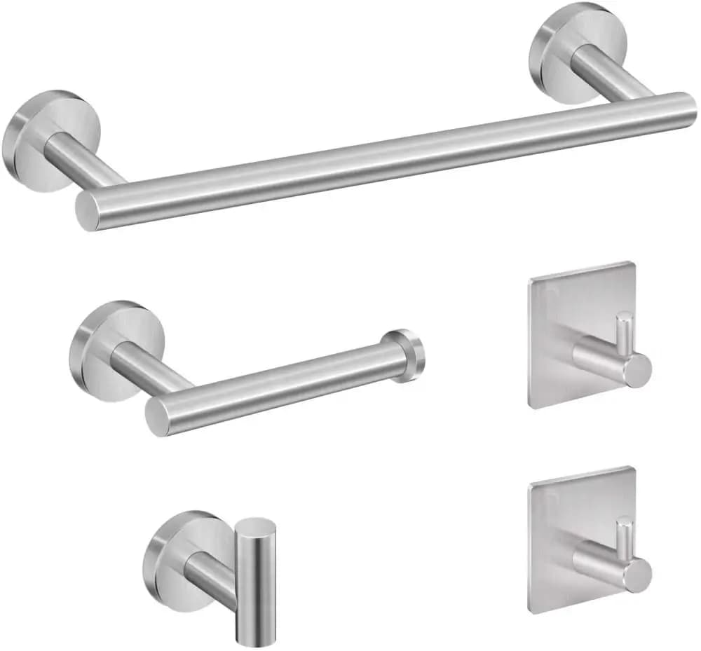 Set di Accessori per Bagno in Acciaio Inox 5 Pezzi: Gancio per Accappatoio, Portasciugamani, Mensola, Porta Carta Igienica, Porta Spazzolino, Personalizzabile