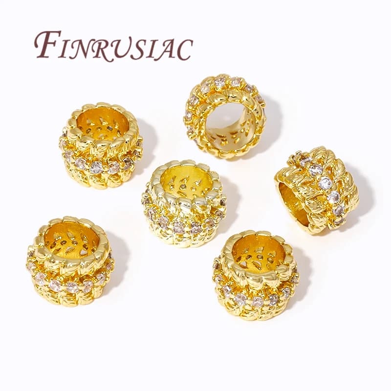18K gold plated brass zircons spacer beads accessories for bracelet, beads with large hole, metal beads separators for jewelry DIY fittings