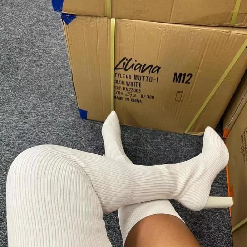Stivali da donna sexy sopra il ginocchio, a punta, in maglia a costine elasticizzata, con tacco a blocco, eleganti