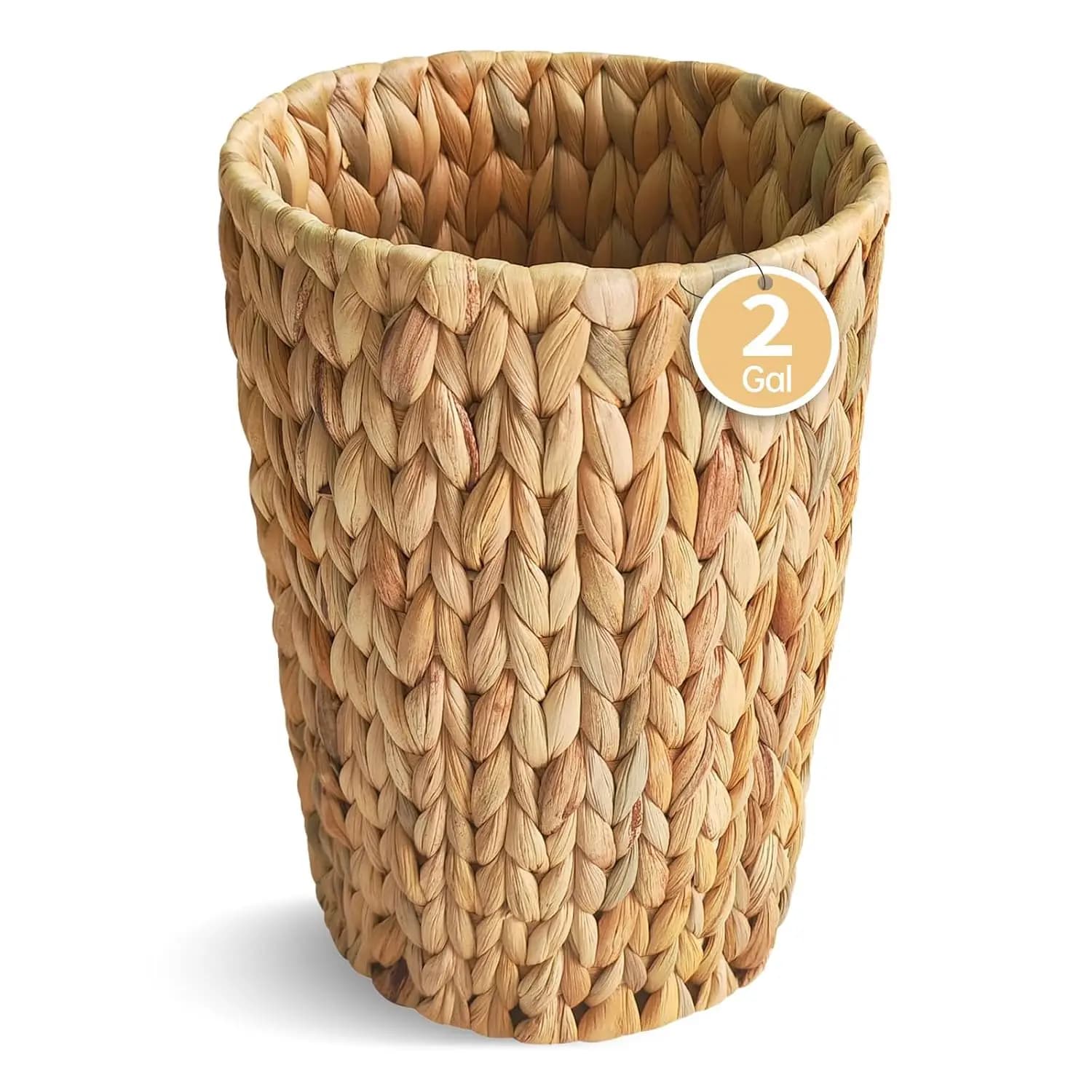 Small Wicker Trash Can, Water Hyacinth Waste Basket for Bathroom, Bedroom, Home Office, 2 Gallon Round