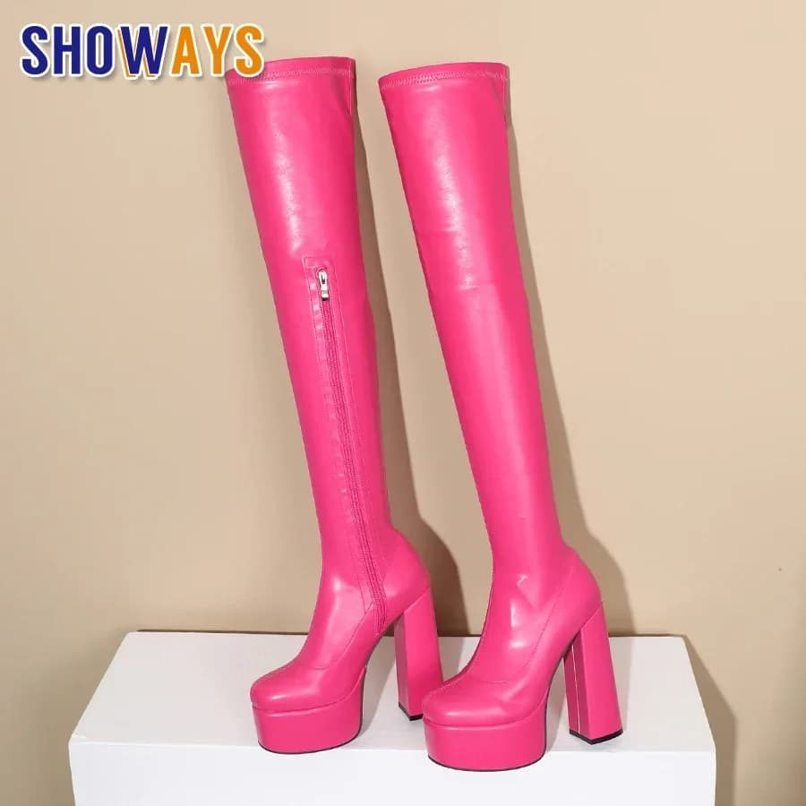 Sexy Rosy Women Platform Thigh High Boots Red Black High Thick Heel Party Club Lady Winter Square Toe Zipper Over the Knee Boots