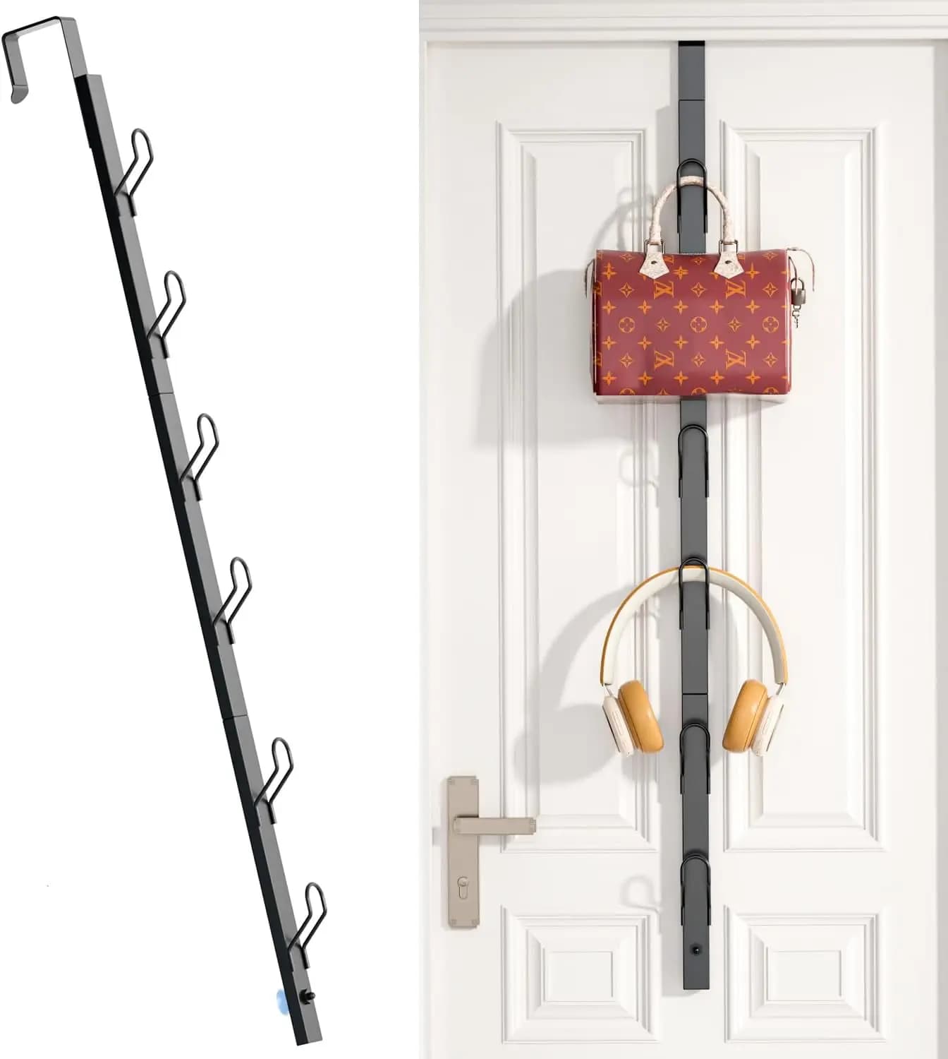 6-Hook Over Door Hanger 28.3" Black – No Drill, Non-Slip Pads & Suction Cups, Heavy Duty Metal