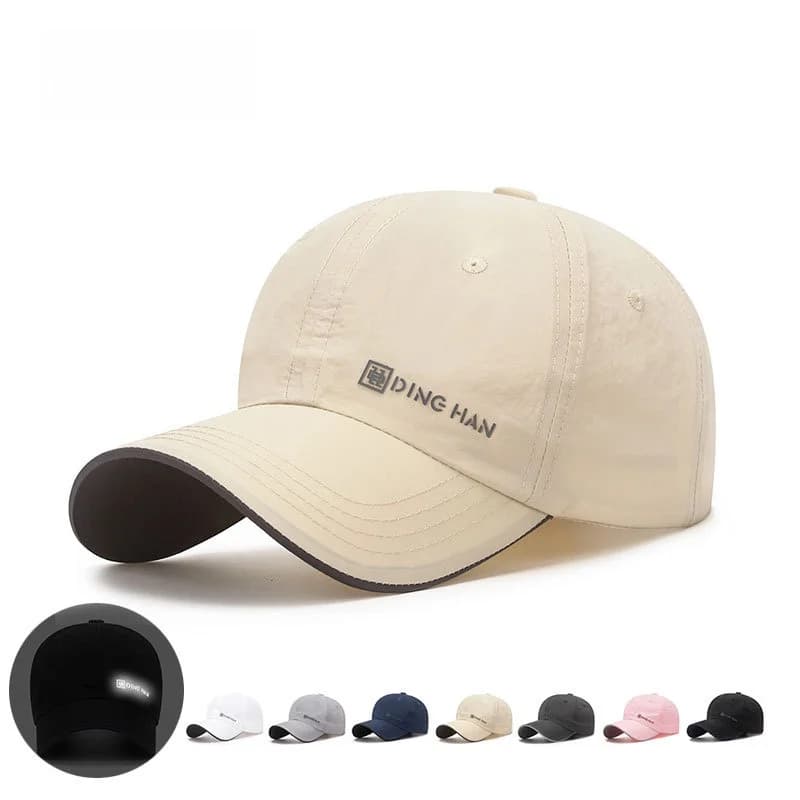Unisex Summer Hat with Reflective Logo, Solar Protection, Lightweight, Breathable, Rapid Drying, Polyester Fiber Baseball Cap with Curva Visiera