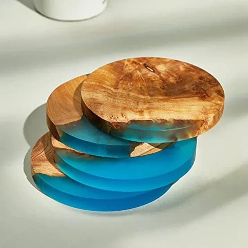 4 Piece Wooden Coasters With Epoxy Resin Blue For Drinks, Modern Coasters For Bar Kitchen Home Apartment