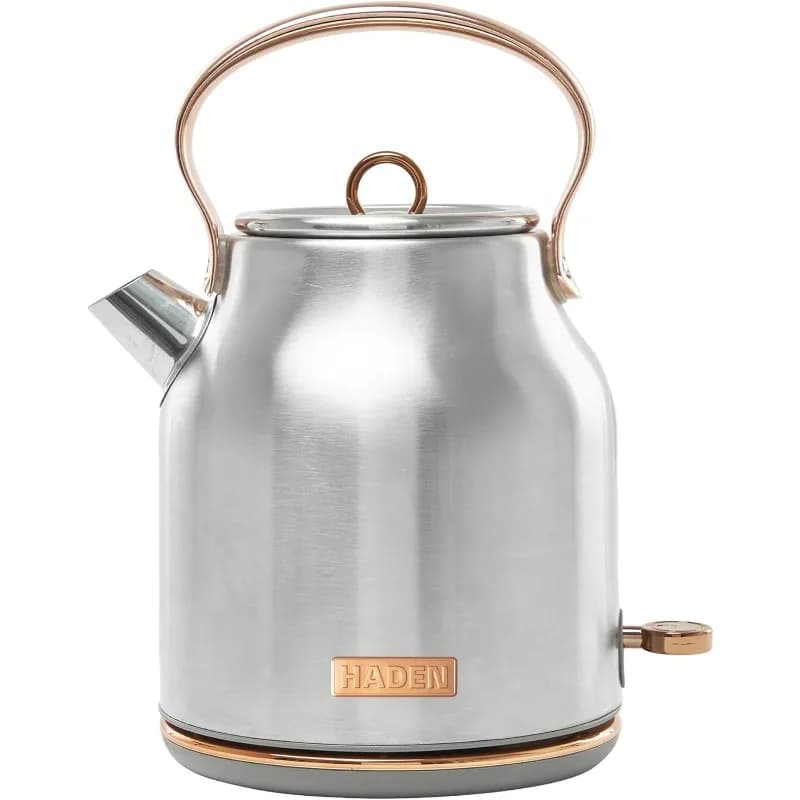 Bollitore elettrico Haden Heritage da 1,7 litri in acciaio inossidabile, bollitore per acqua calda con base a 360 gradi e spegnimento automatico, acciaio e rame