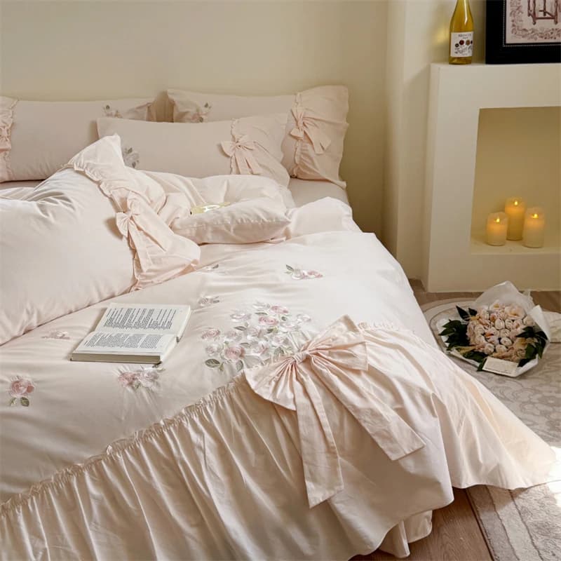 100% cotton flowers embroidery big volant bow princess set bed linen duvet bed sheet/sheet with pillow corners 4 pieces