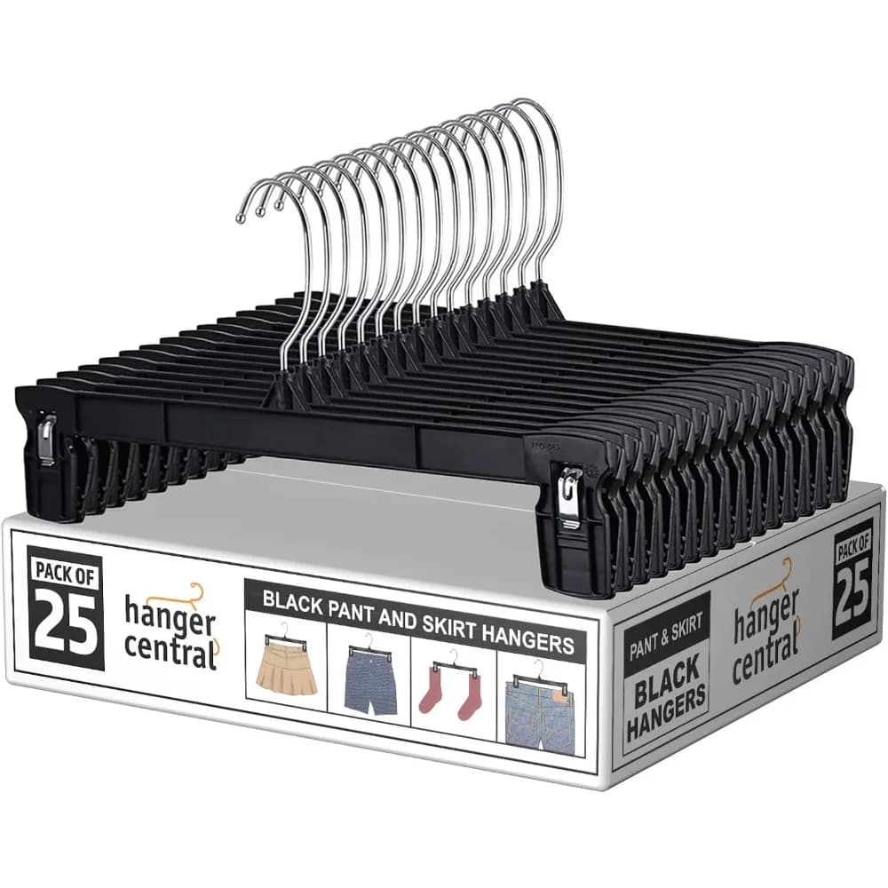 25 Pack 12 Inch Plastic Pants Hangers with Extra Long Clips for Skirts Trousers Non Slip Black