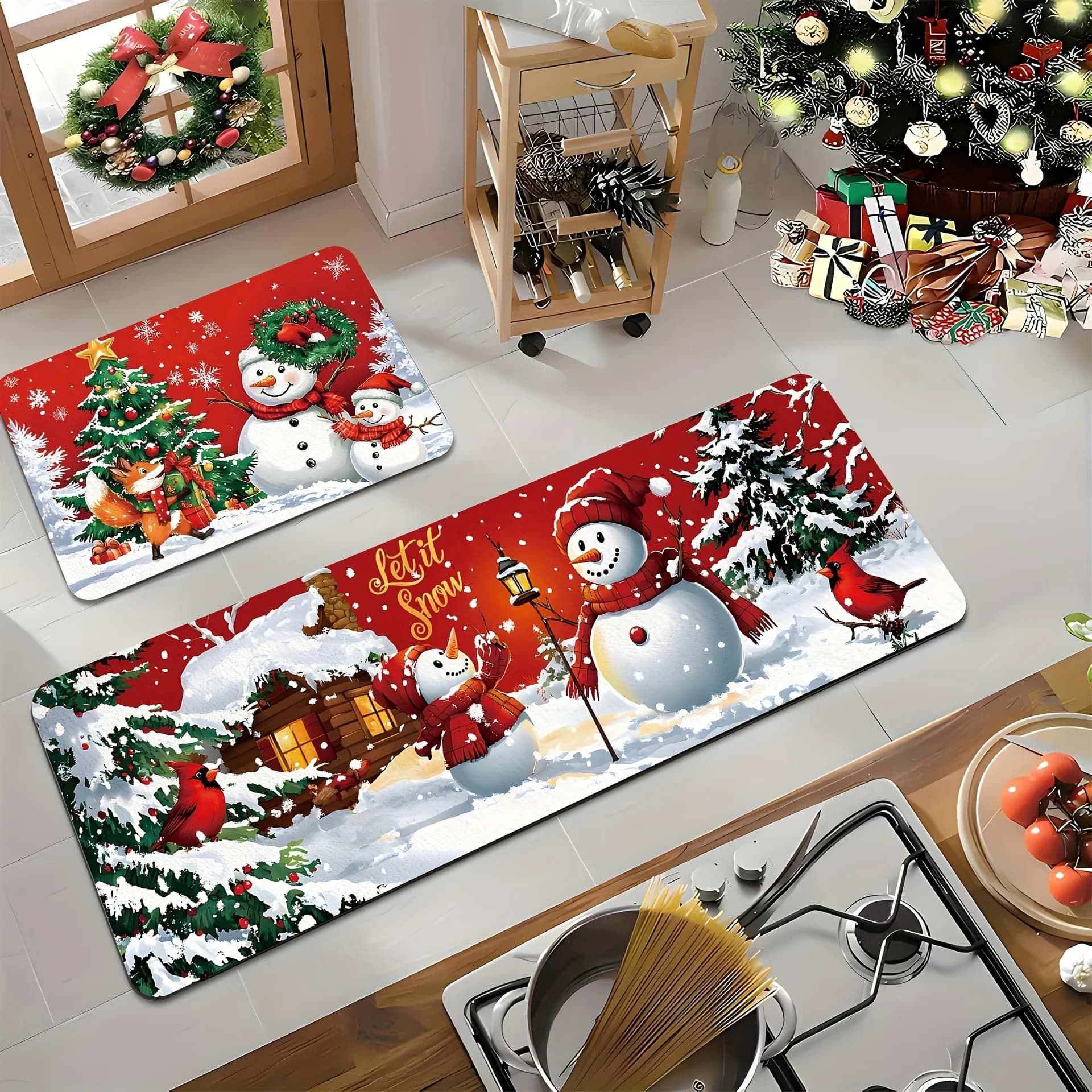 Christmas Kitchen Rug Set 1/2Pcs – Festive Snowman Doormat Set (16x24"+16x47") Red Holiday Mats with Let it Snow Design