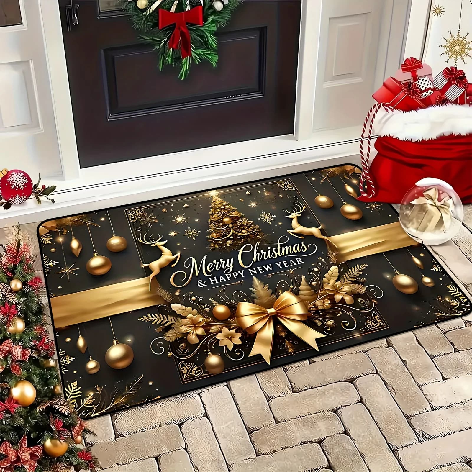 VIKAMA A Christmas-Themed Doormat Golden Featuring Reindeer Tree with Bells Rug For Bedroom Carpet For Living Room
