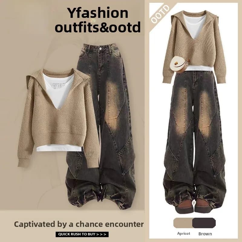Completo da donna con top a maniche lunghe scollo a V e jeans casual a vita alta – Outfit autunnale alla moda, design di tendenza per taglie piccole