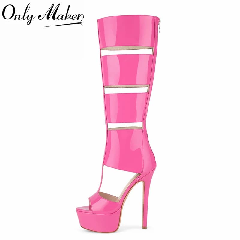 Onlymaker Women Platform Hollow Gladiator Cutout Back Zipper Knee High Boots Sexy Thin High Heel Patent Leather Sandals Boots