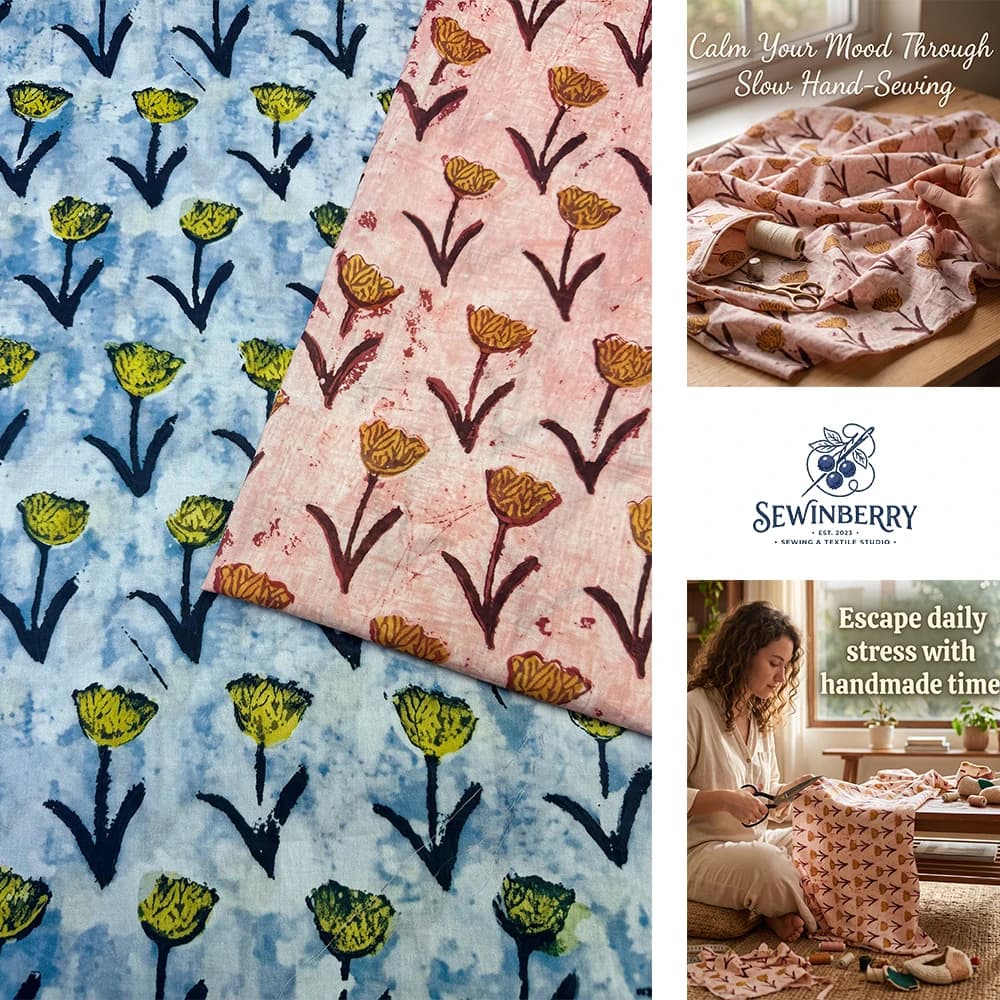 Vintage Hand Block Print Tulip Cotton Fabric Stress-Relief DIY Sewing Material For Dress Blouse Pillow Cover Patchwork Quilt