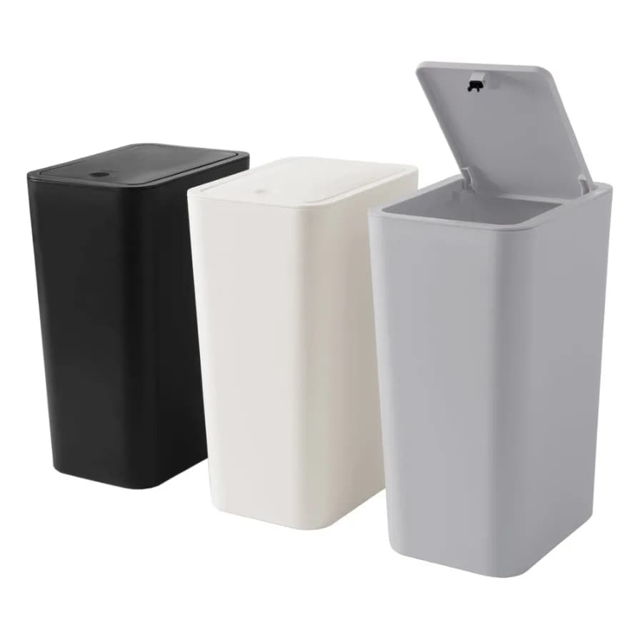 3 Pack Slim Plastic Trash Can 2.6 Gallon Garbage Can with Press Top Lid 10L Modern Waste Basket for Bathroom Black White Gray