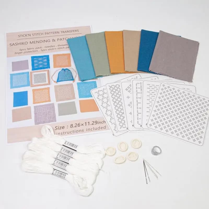 Kit Sashiko Filo e aghi Ditale Sashiko Tessuto Sashiko Panno di cotone Solubile in acqua Pratica di ricamo Ditale Set da cucito