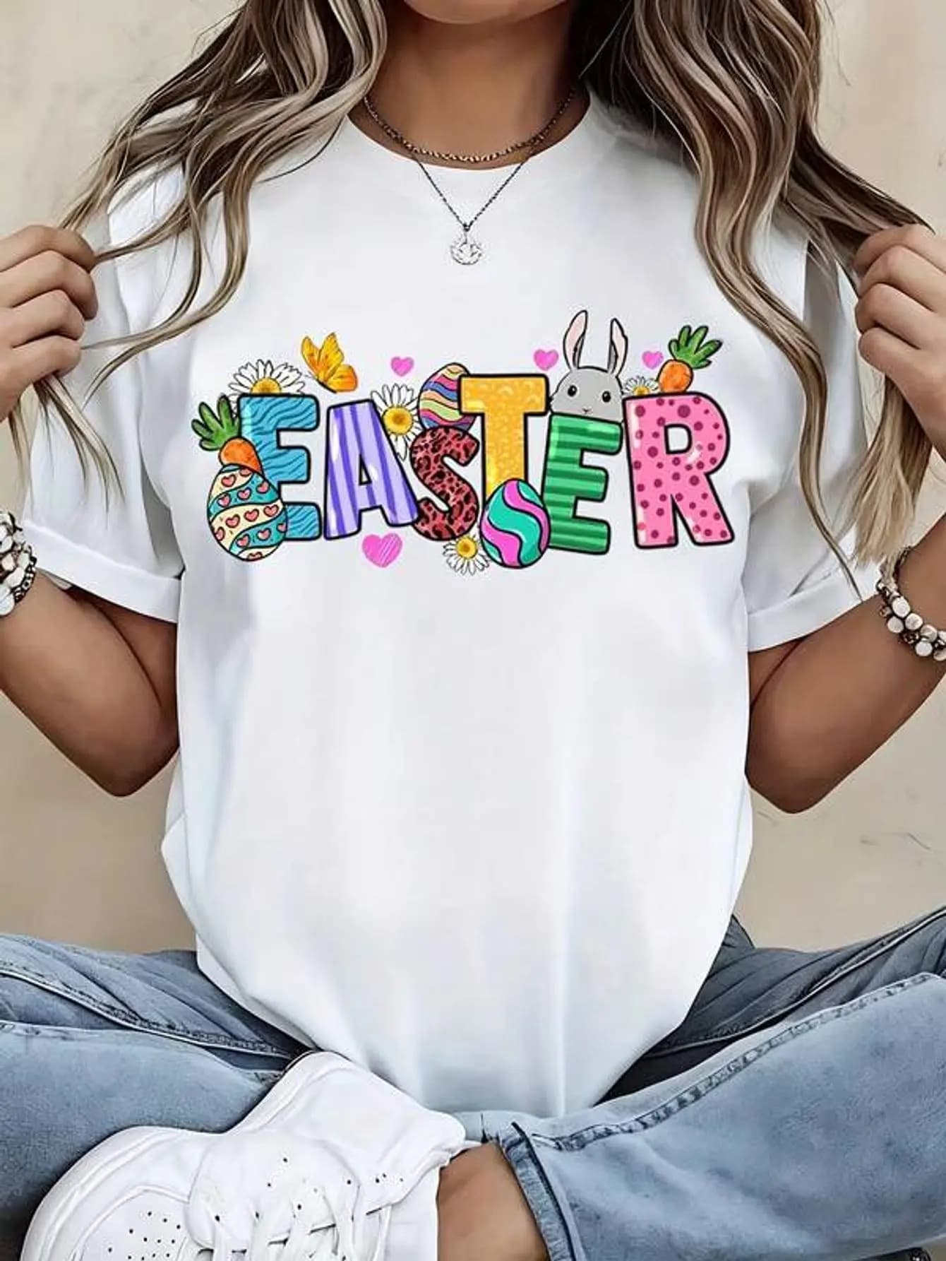 Easter T-Shirt White Easter Bunny Eggs And Flowers Print Casual Spring Festival Outfit For Women