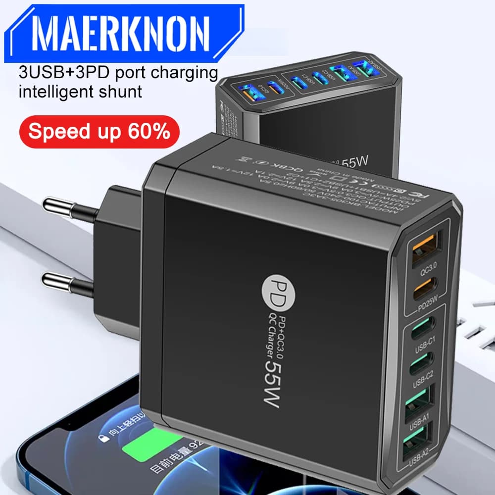 55W PD USB Charger with 6 Ports Quick Charge for iPhone Samsung Huawei Xiaomi Mobile Phone Charging Adapter Travel EU/US Plug