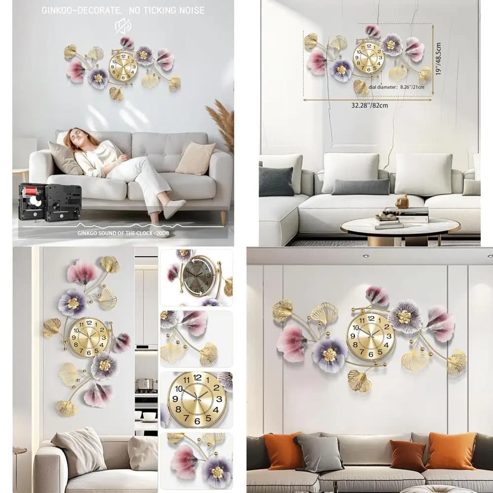 3D Metal Wall Clock with Ginkgo Sheet 33x18, Silent Movement, Living Room Decoration