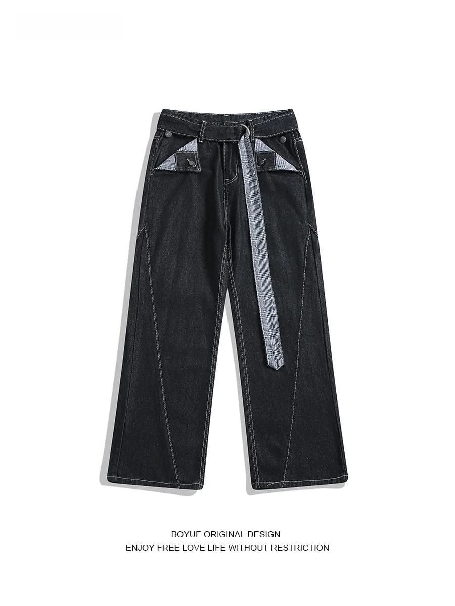 Boyue American Plaid Splicing Original Cow Jeans a gamba dritta Casual Old Money Cintura in vita Pantaloni a gamba larga per uomo