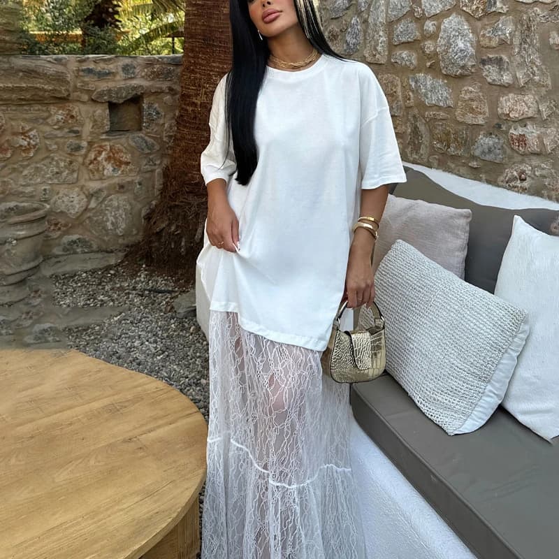 Lace Dress Round Neck Sweater Stitching Lace Skirt 2025 Spring and Summer Sexy Spice Women's Dress