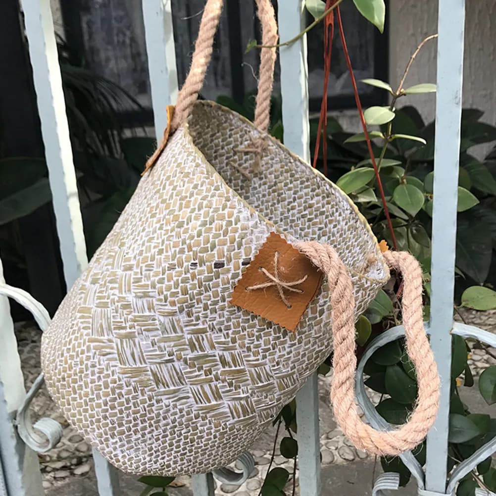 Handmade Seagrass Braided Basket Woven Flower Pot Desktop Storage Box Laundry Basket Beach Bag Plant Holder Natural Texture